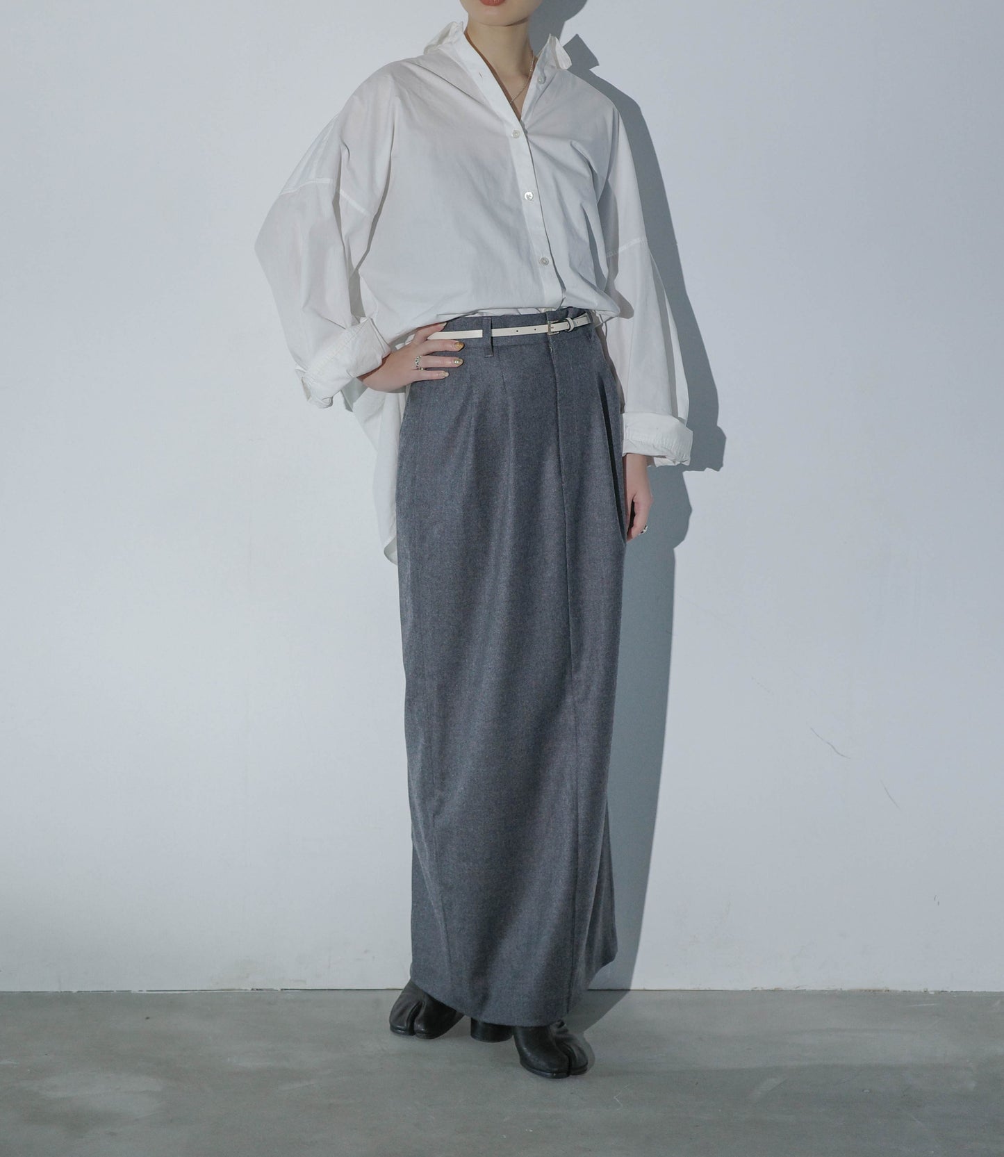 SLACKS DETAIL MAXI LENGTH SKIRT(尾州ウール)-GRAY