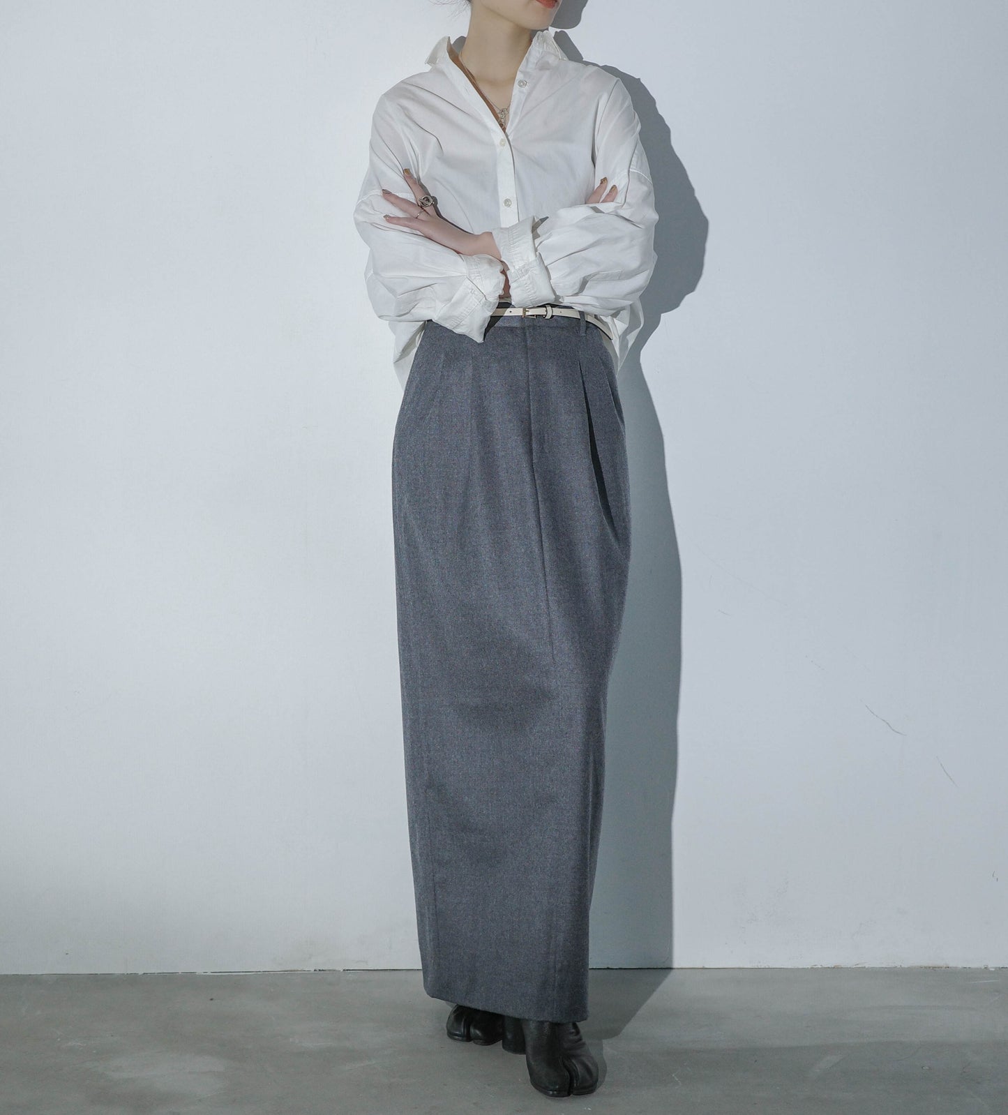 SLACKS DETAIL MAXI LENGTH SKIRT(尾州ウール)-GRAY