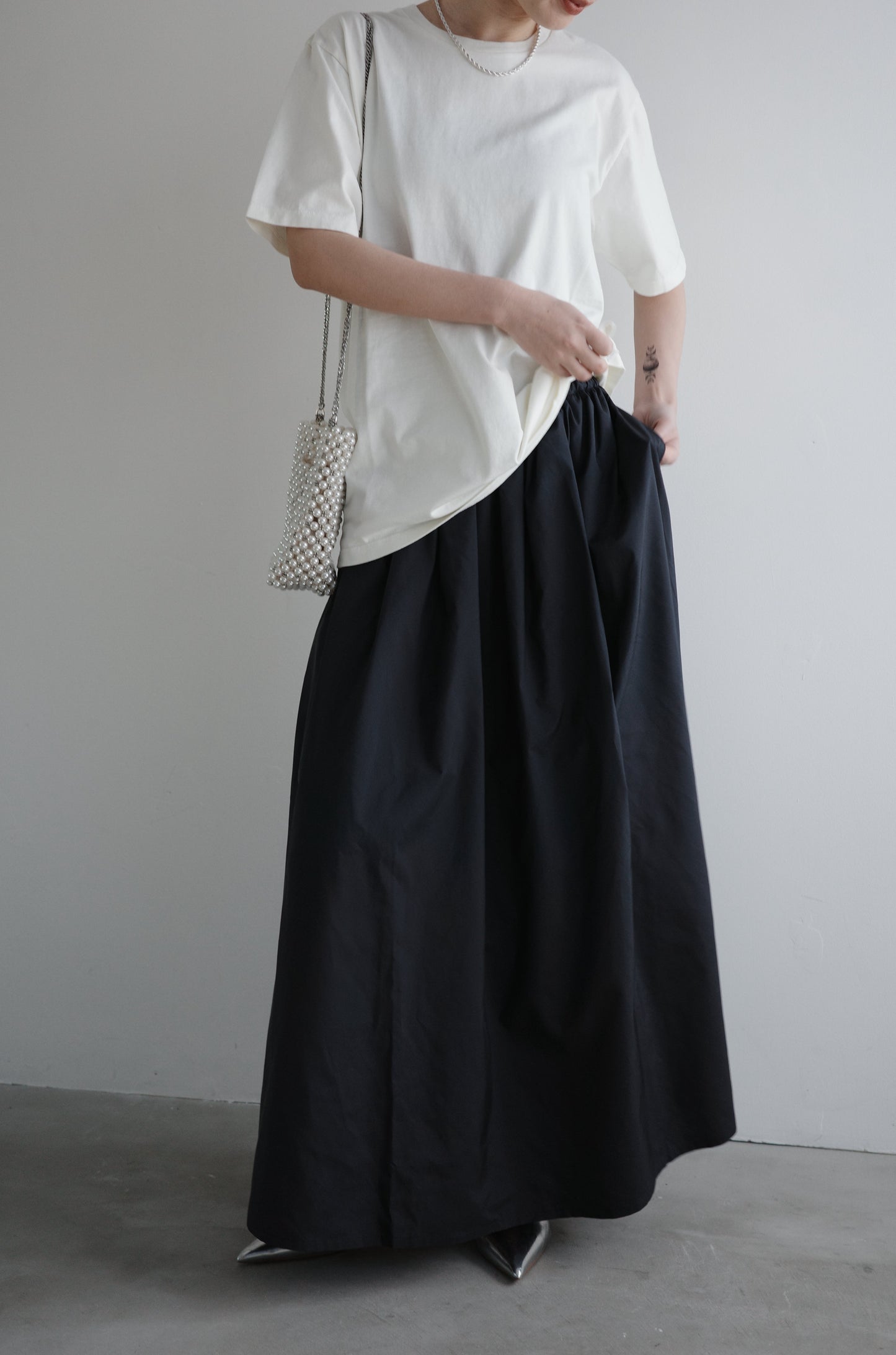 GATHER MAXI LENGTH SKIRT(LIMONTA)ーNAVY