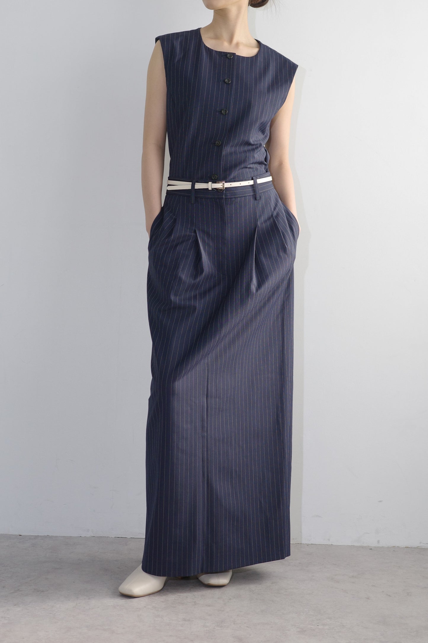 【PRE ORDER】Washable Wool Stripe SkirtーNAVY