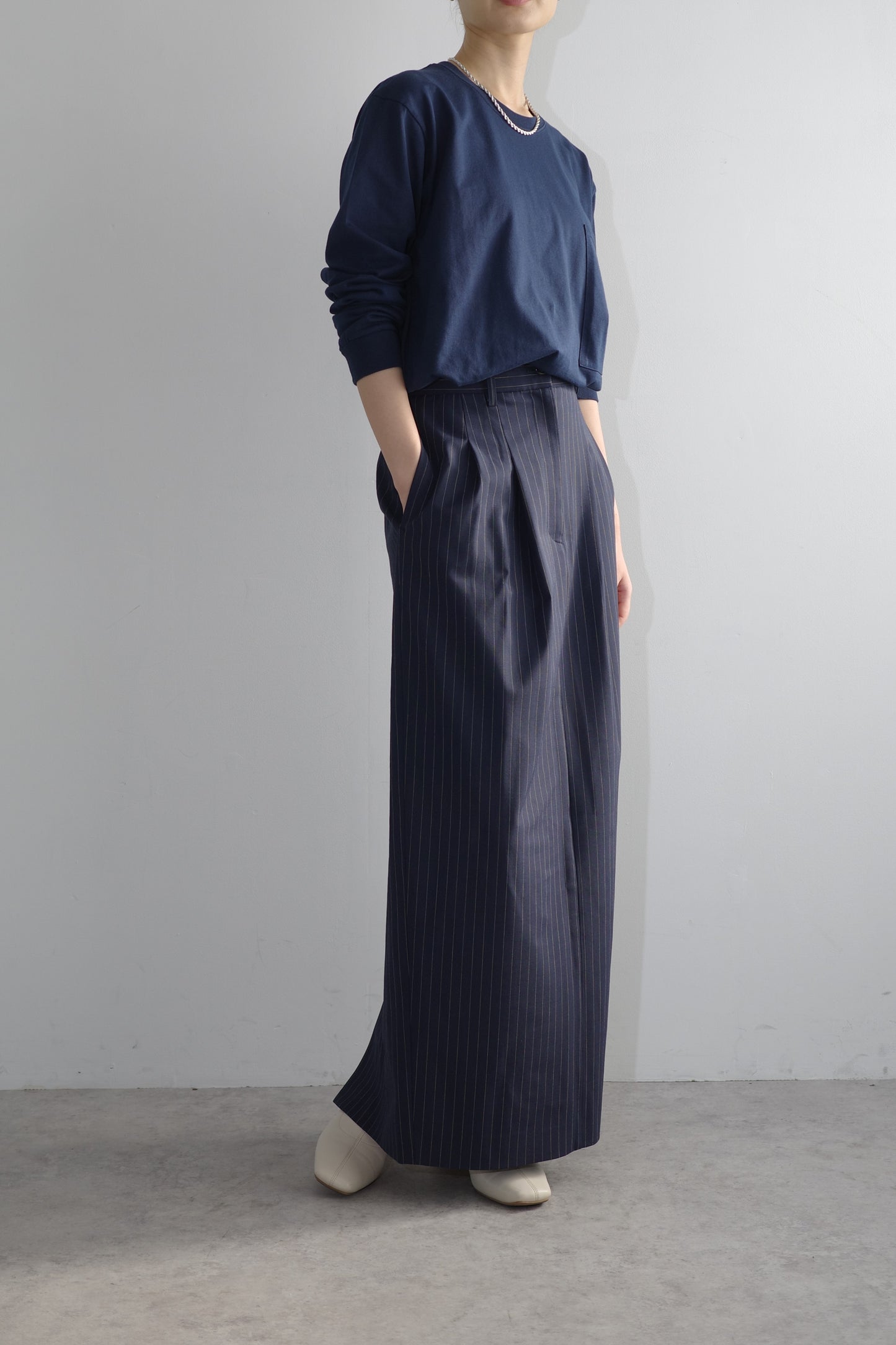【PRE ORDER】Washable Wool Stripe SkirtーNAVY