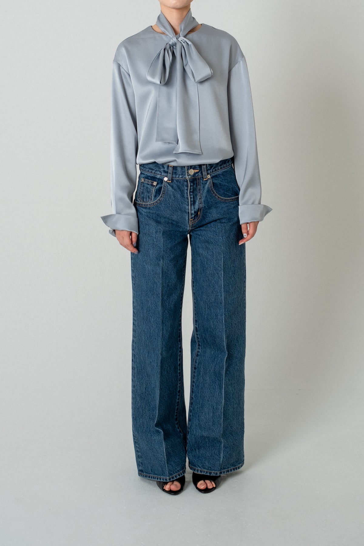 2way Bowtie Satin Blouse / Blue