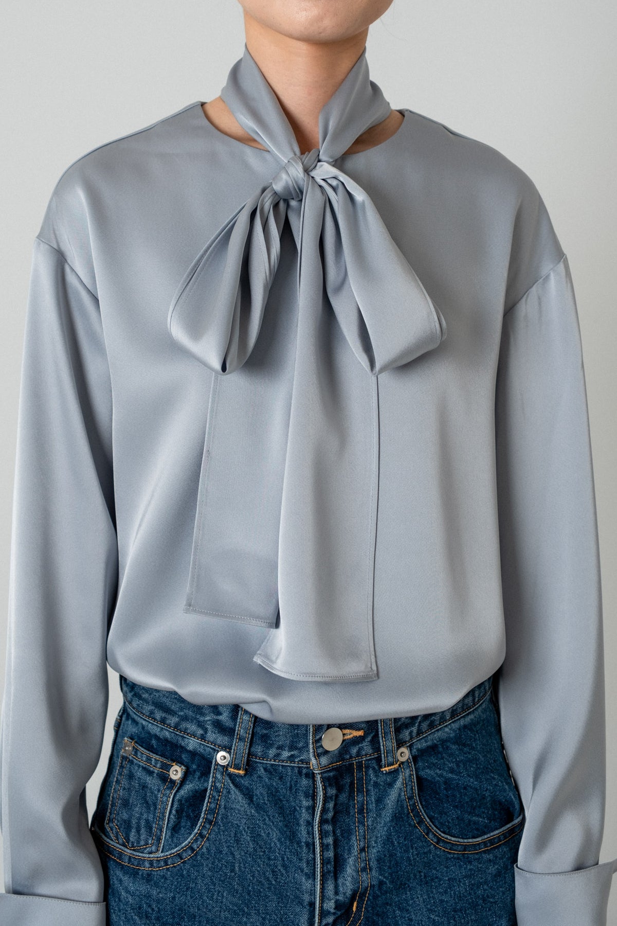 2way Bowtie Satin Blouse / Blue