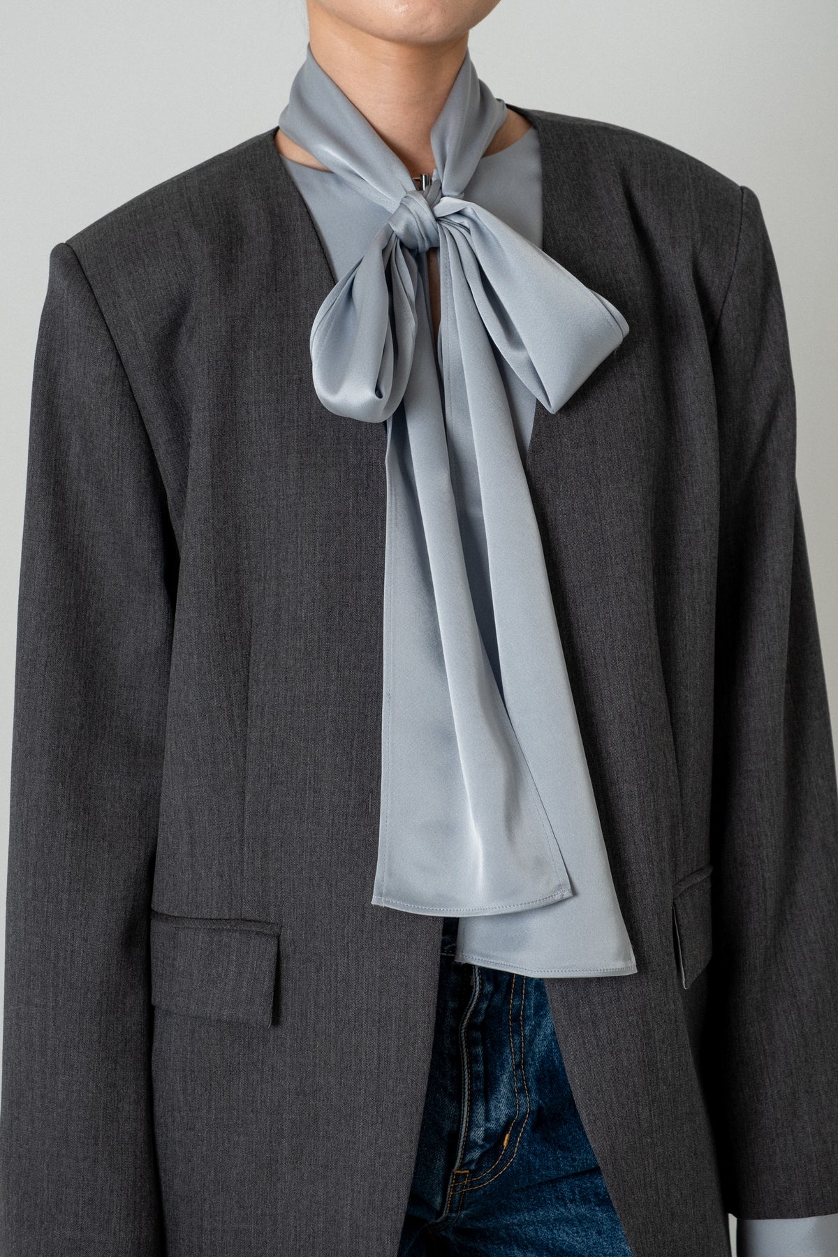 2way Bowtie Satin Blouse / Blue