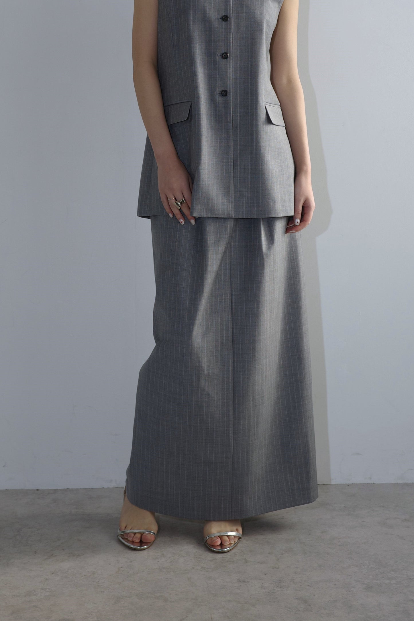 【PRE ORDER】Washable Wool Stripe SkirtーGRAY